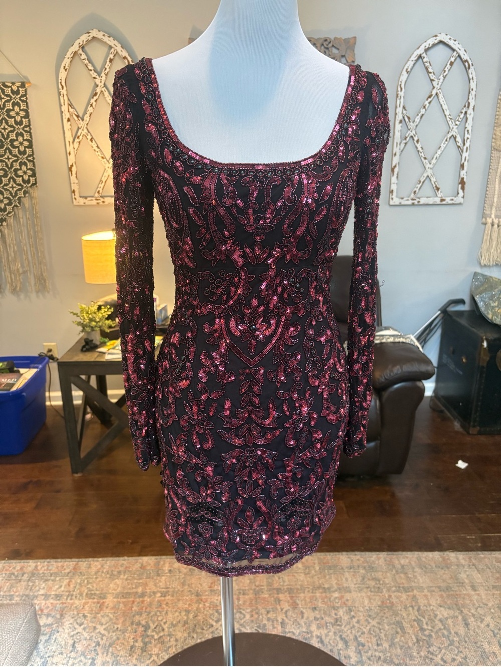 Sherri Hill Black Dress with Magenta Sequin Embroidery